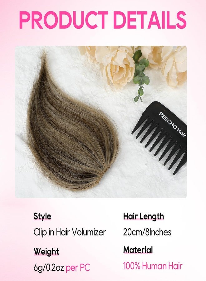 REECHO Human Hair Clip-in Hair Volumizer - 1PC 8 Inch Short Thick Hairpieces for Extra Volume, Easy Clip-in Extensions for Thin & Fine Hair - Dark Brown with Blonde Highlights - Image 4